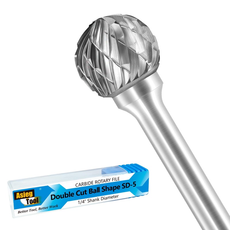 Asieg Tool SD-5 Tungsten Carbide Burr Rotary File Ball Shape Double Cut with 1/4''Shank for Die Grinder Drill Bit - Image 1